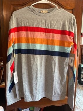 Gray Long Sleeve Tee with Multicolor Stripes